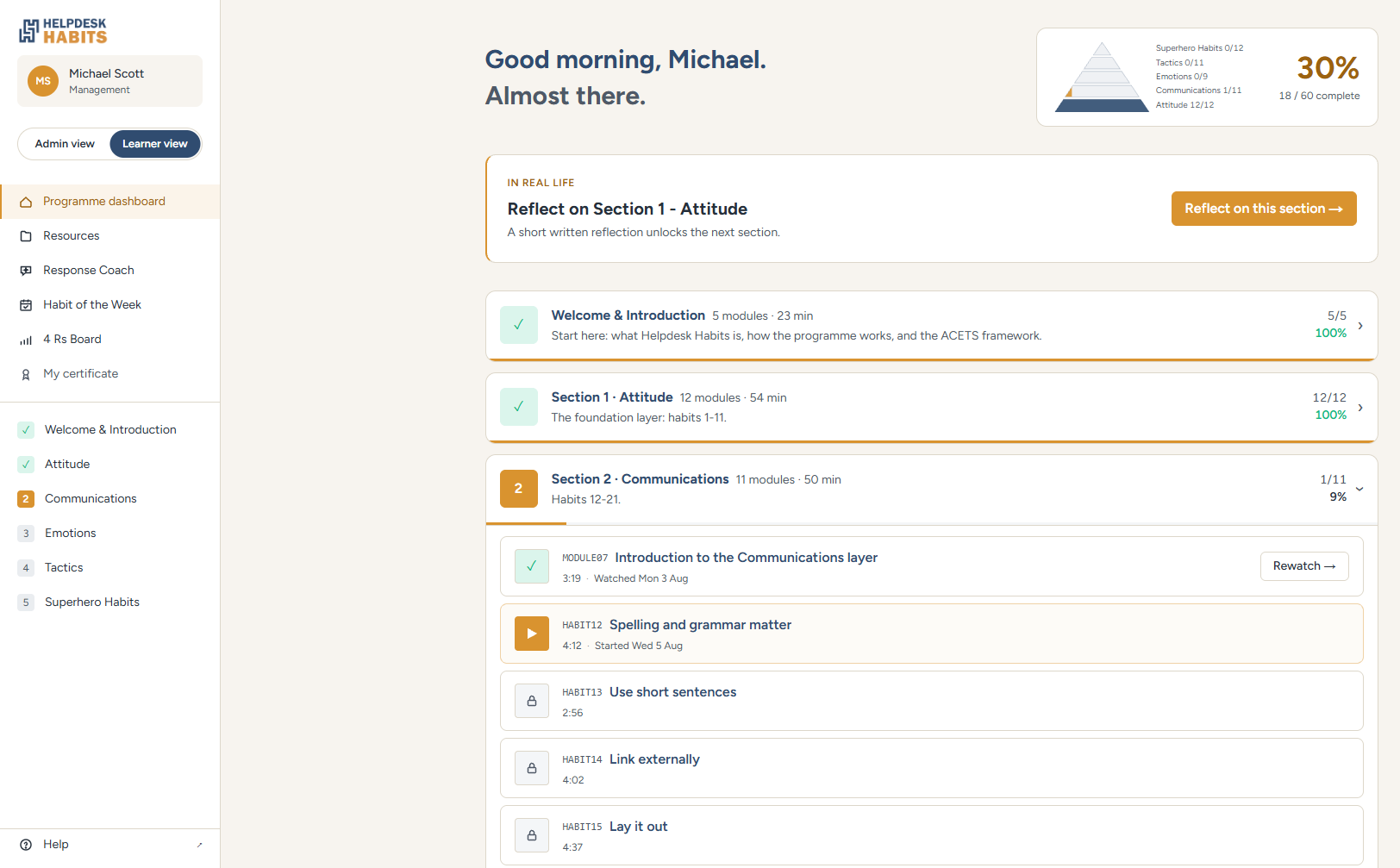 The learner dashboard, showing progress through the five ACETS layers