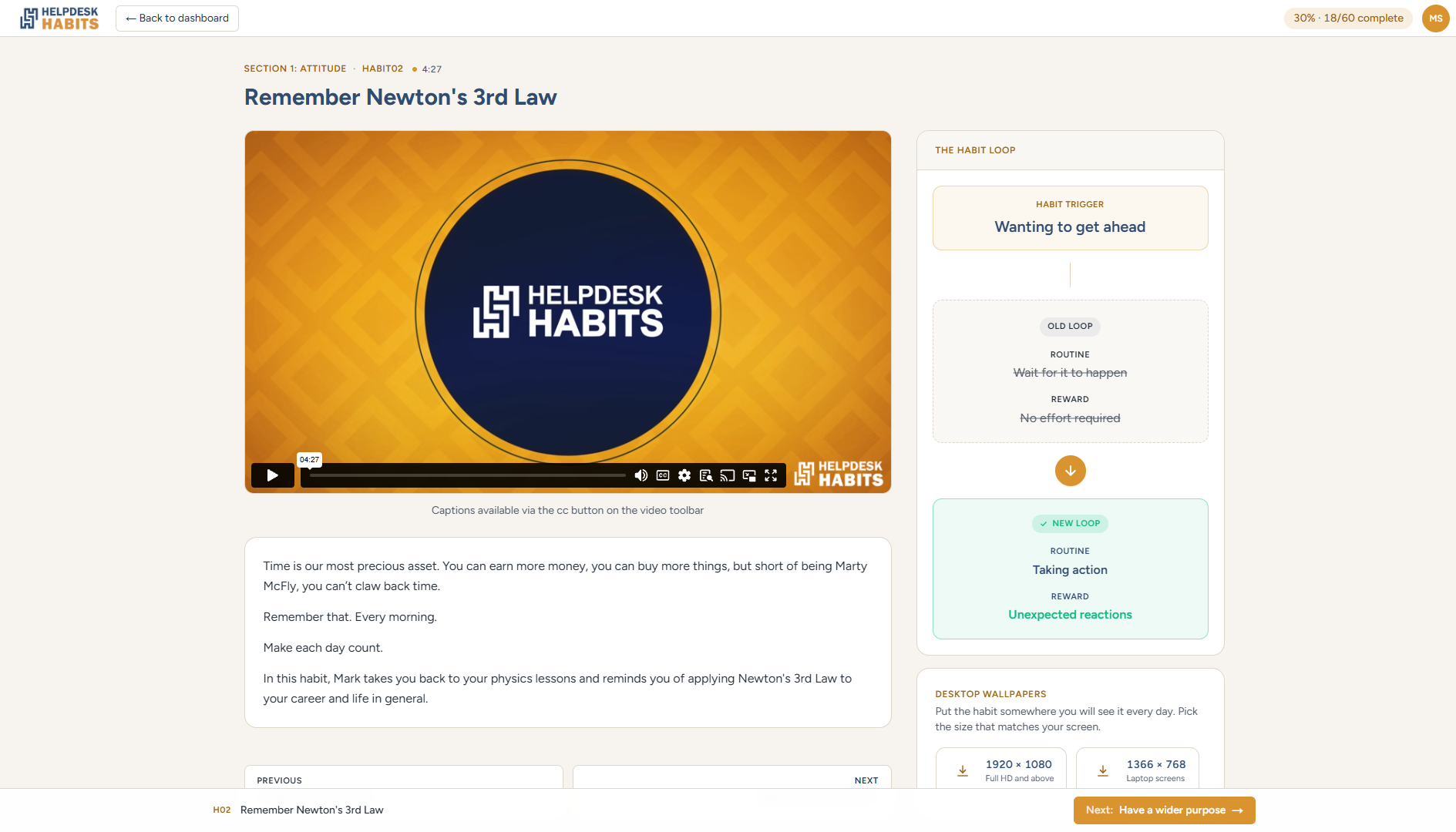 A habit page: the video, the habit loop and downloadable wallpapers