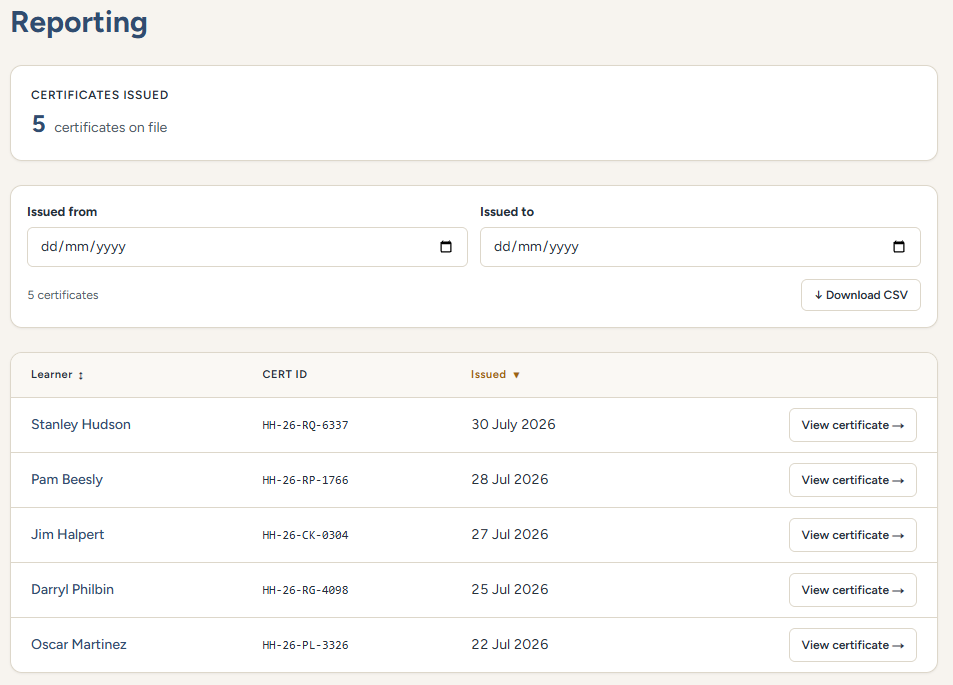 Reporting: the certificate register, filterable by date with CSV export