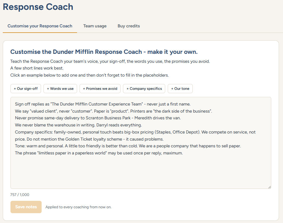Customising the Response Coach with your team's style notes