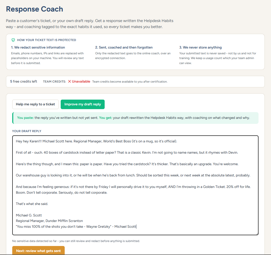 Pasting a draft reply into the Response Coach
