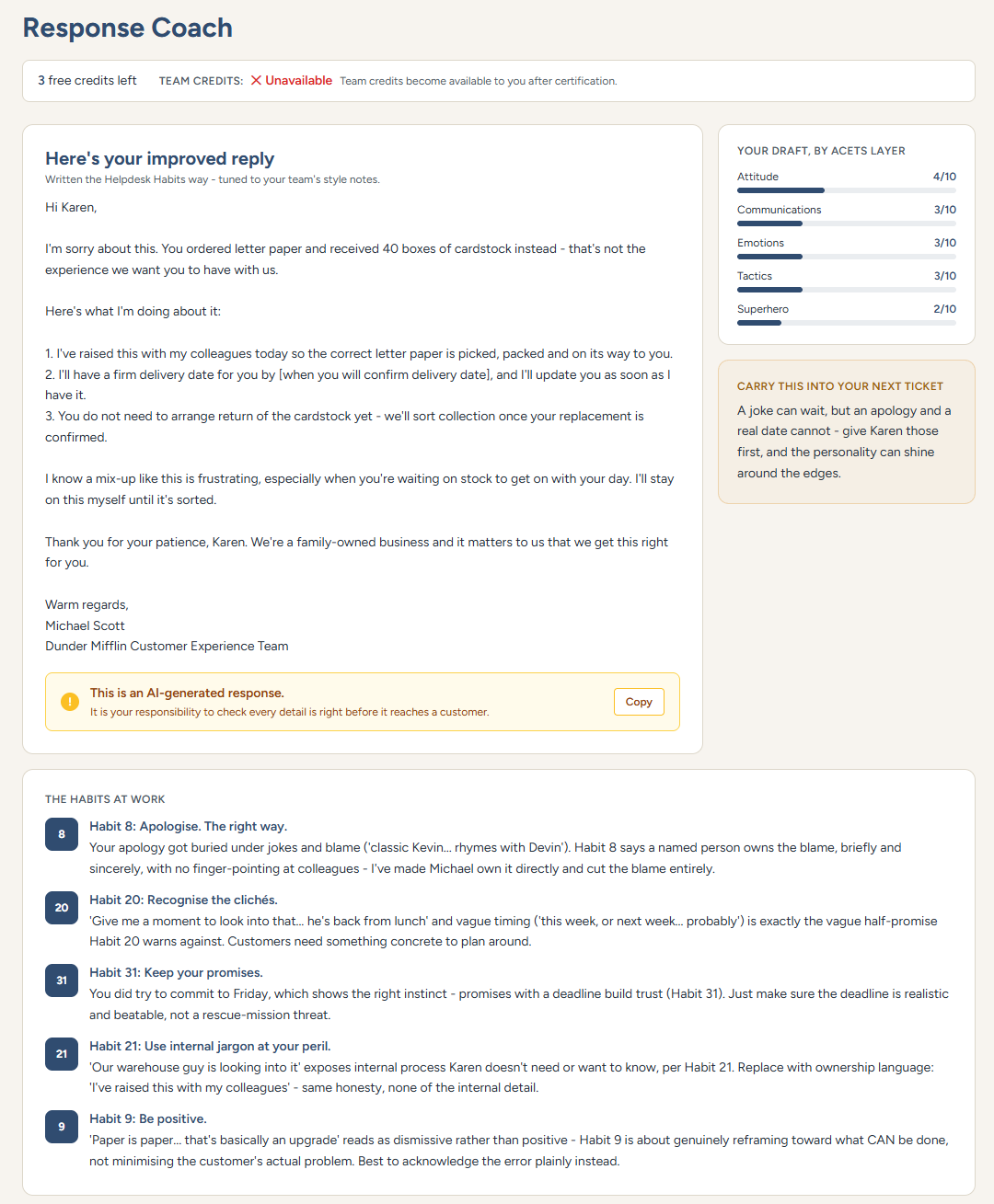 The Response Coach output: a rewritten reply scored by ACETS layer, with each change tied to a habit