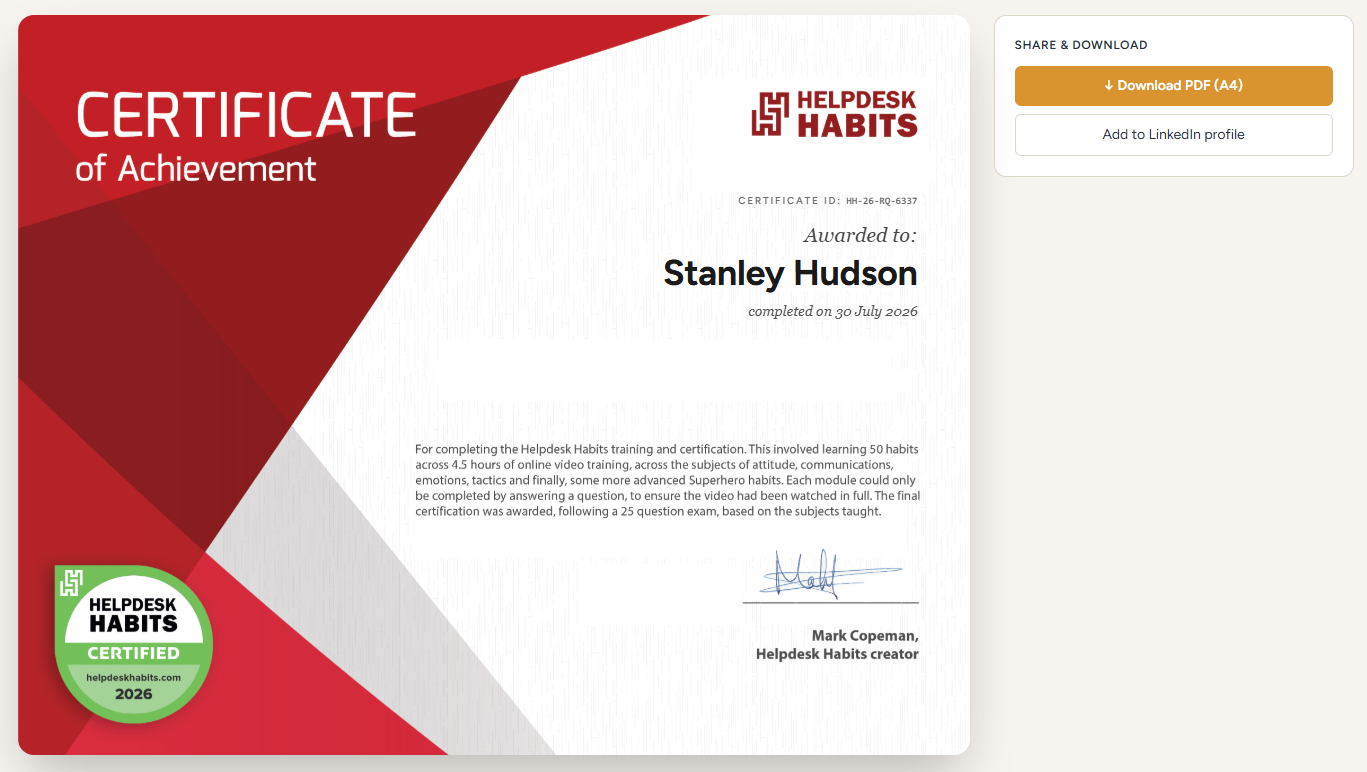 Stanley Hudson's certificate, with Download PDF and Add to LinkedIn beside it