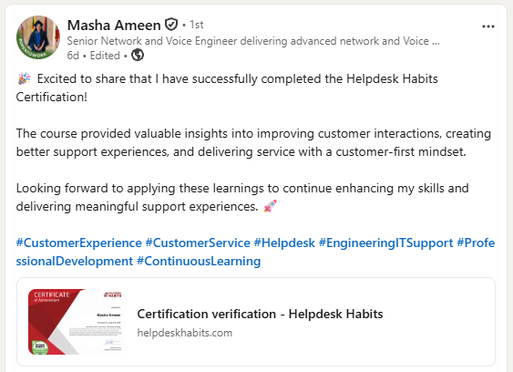 A LinkedIn post about Helpdesk Habits